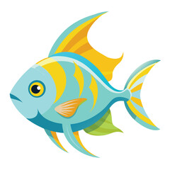 A solitary, pale blue fish with vibrant yellow accents along its dorsal fin and tail fin is captured against a stark white background.