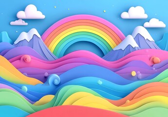 Vibrant Paper Cut Landscape with Rainbow and Colorful Waves