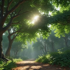 Obraz premium Deep emerald canopy, sunlight dappling leaves , wild, nature background, green foliage