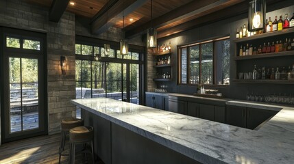 Fototapeta premium Rustic modern bar area with exterior access.