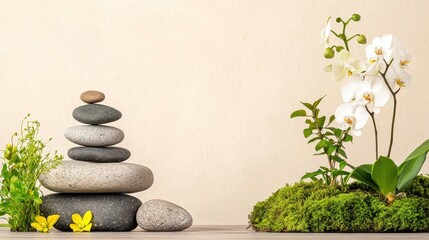 Zen-like garden setting with rocks, moss, and orchids on the right, soothing pastel cream backdrop, peaceful vibe 