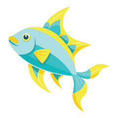 A solitary, pale blue fish with vibrant yellow accents along its dorsal fin and tail fin is captured against a stark white background.