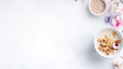 A bowl of granola with dried fruits and nuts on a white surface, surrounded by delicate pink flowers, and minimalist and clean composition.