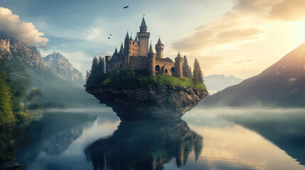 A majestic castle floats serenely above a tranquil mountain lake