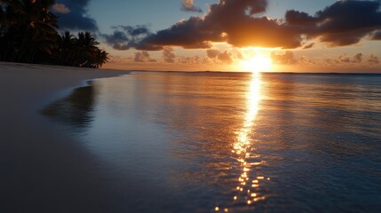 Obraz premium Sunrise over a tropical beach. Calm ocean water gently laps the shore at dawn, reflecting the golden light of a rising sun. Palm trees line the pristine white sand