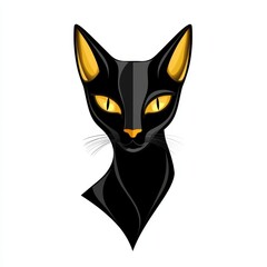 Close-up illustration of a stylized black cat with yellow eyes and gold ears