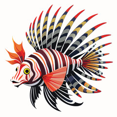Obraz premium A striking lionfish with zebra-like stripes and elaborate spiky fins floats gracefully on white backdrop.