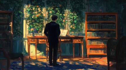 Scholar in Sunlight A serene moment of study amidst blooming flowers and books