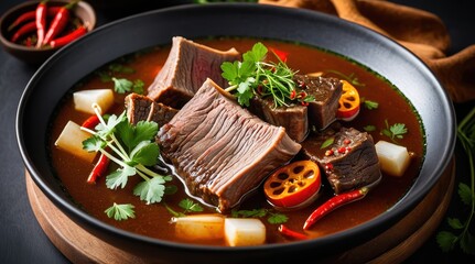 Hearty beef stew with chili peppers and herbs, garnished elegantly in a dark bowl, offers a rich and spicy culinary experience