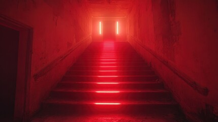 Fototapeta premium Red Neon Staircase in Abandoned Building