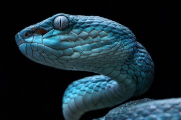 Striking blue Trimeresurus insularis coiled on a branch. Its vivid scales and alert gaze are prominent against the dark background. A captivating and venomous pit viper, 19 april 2025 Indonesia