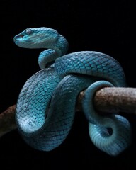 Striking blue Trimeresurus insularis coiled on a branch. Its vivid scales and alert gaze are prominent against the dark background. A captivating and venomous pit viper, 19 april 2025 Indonesia