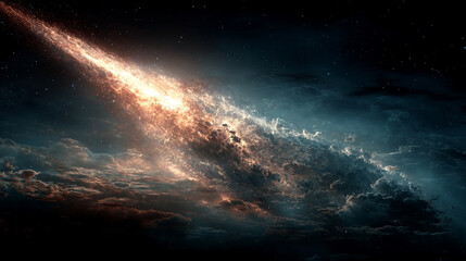 Blazing meteor with luminous tail streaking through deep space symbolizes fleeting moments power of nature cosmic transformation and the beauty of destruction in photorealistic precision

