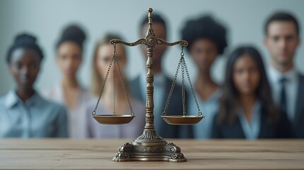 Close-up of justice scale with diverse group of people in background, highlighting fairness, inclusion, democracy, and decision-making in legal system

