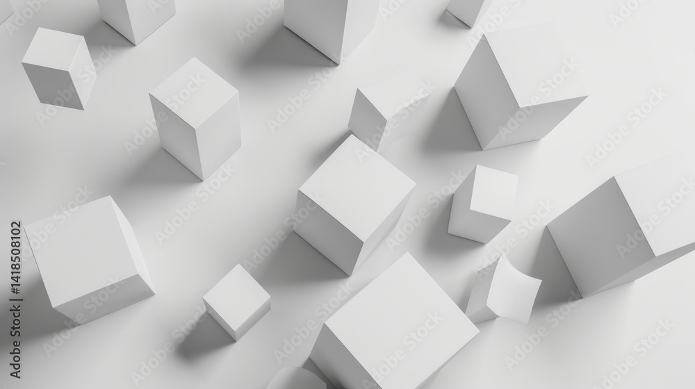 Poster a captivating visual of white boxes appearing to float in an abstract environment. the minimal desig