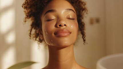 Young woman with flawless skin in serene spa moment, embodying clean beauty and natural radiance