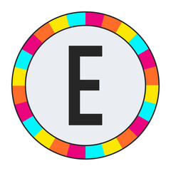 Black CAPITAL Letter E on Light Background with Vibrant Multicolor Circle Frame, enclosed in a black frame.