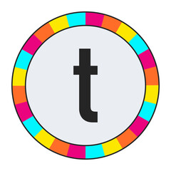 black lowercase letter t on light background with vibrant multicolor circle frame, enclosed in a black frame.