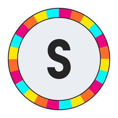 black lowercase letter s on light background with vibrant multicolor circle frame, enclosed in a black frame.