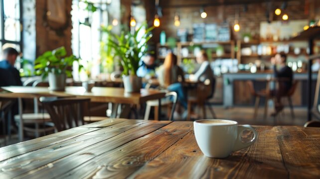 Cup of coffee on a wooden table in a cozy cafe with people in background. Close up of wooden table in coffee shop with cozy atmosphere. Coffee shop and socializing concept for design and print. AIG53.