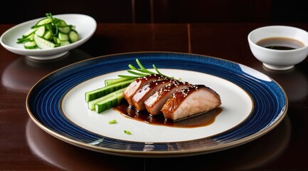 Sliced duck breast with sesame seeds and teriyaki glaze is artfully arranged beside fresh cucumber slices on a beige plate, accompanied by a small bowl of soy sauce
