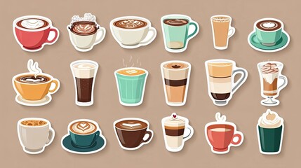 A colorful collection of various coffee cups in a modern, minimalist design. The image showcases different types of coffee, including cappuccino, latte, black coffee, espresso, and more