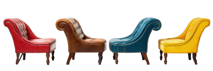 Set of antique wooden armchair with unique upholstery in floral patterns, stripes, and tufted designs for classic home decor isolated on transparent background