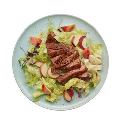 Grilled beef salad on a plate cut out isolated transparent background