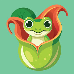 A tiny, bright green frog with large eyes peeks out from inside a curved, veined pitcher plant against a soft green backdrop.