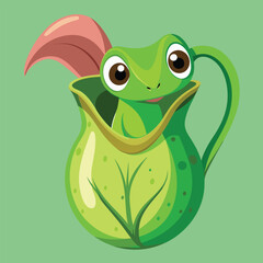 A tiny, bright green frog with large eyes peeks out from inside a curved, veined pitcher plant against a soft green backdrop.