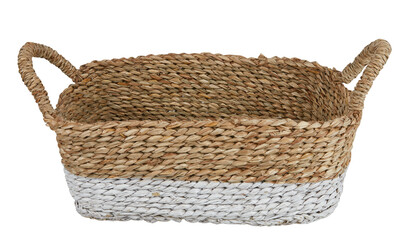 Natural woven fabric basket with handles cut out isolated transparent background