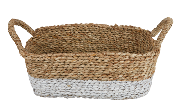 Natural woven fabric basket with handles cut out isolated transparent background