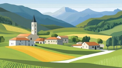 Serene village nestled amidst rolling hills dominated by a church tower