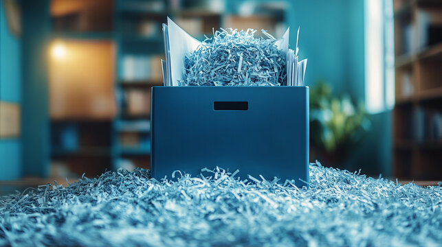 Close-up of a paper shredder filled with shredded documents in a bright white office background symbolizes data destruction privacy protection secure disposal and the impermanence of information

