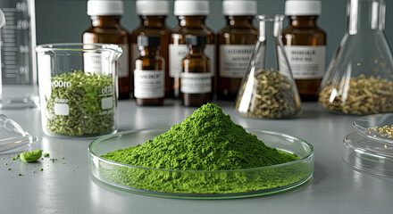 Herbal apothecary meets matcha green wellness traditional remedy blend. Traditional medicine, herbal wellness, natural remedy concept.