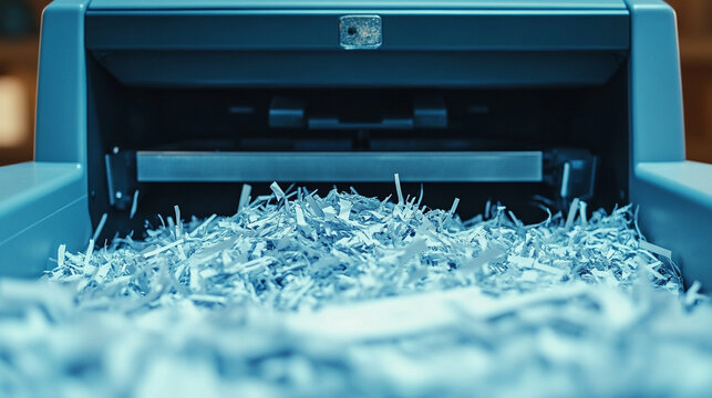 Close-up of a paper shredder filled with shredded documents in a bright white office background symbolizes data destruction privacy protection secure disposal and the impermanence of information

