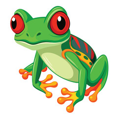 A vibrant green tree frog with striking red eyes and bright orange feet clings to an unseen surface  white background.
