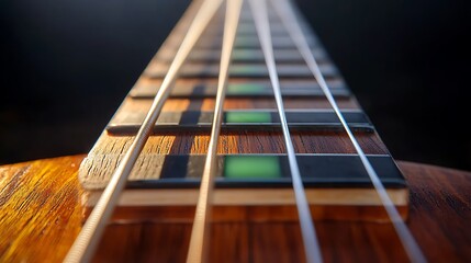 Close-up view of a guitar fretboard showcasing intricate design and craftsmanship details