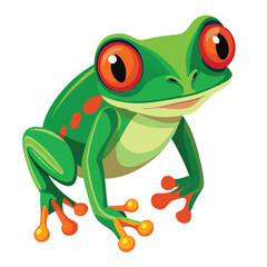 A vibrant green tree frog with striking red eyes and bright orange feet clings to an unseen surface  white background.