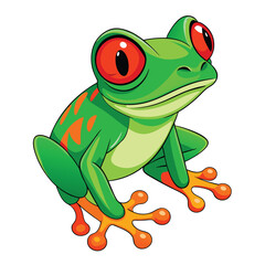 A vibrant green tree frog with striking red eyes and bright orange feet clings to an unseen surface  white background.