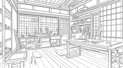 "Interior Outline of a Traditional Japanese Workshop and Study Space"