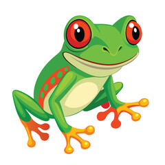 A vibrant green tree frog with striking red eyes and bright orange feet clings to an unseen surface  white background.