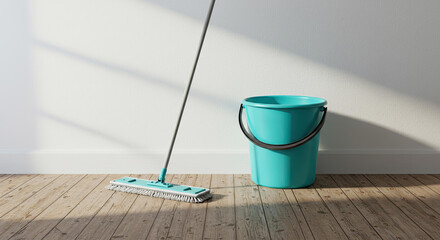 Floor care duty blue bucket sponge mop domestic cleanliness ritual. Domestic cleaning, floor care ritual, household hygiene concept.