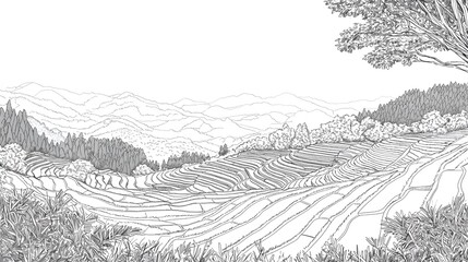 Fototapeta premium Serene Landscape of Rice Terraces with Mountains and Foliage