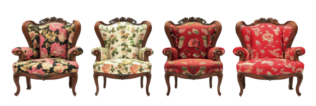 Elegant ornate wooden armchairs with floral upholstery in dark, light, and bright red patterns for vintage and luxury home decor