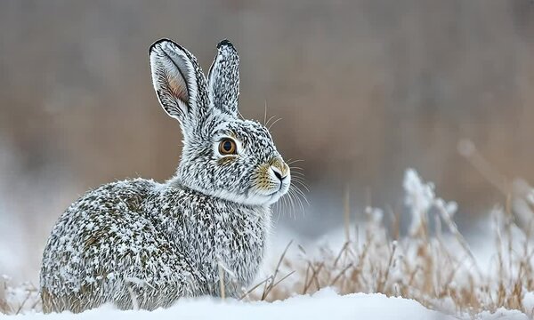 Winter snowshoe hare in snowy field
