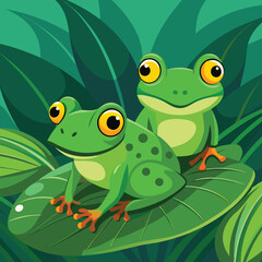 Two vibrant green frogs with striking eyes rest peacefully on a large, textured leaf.