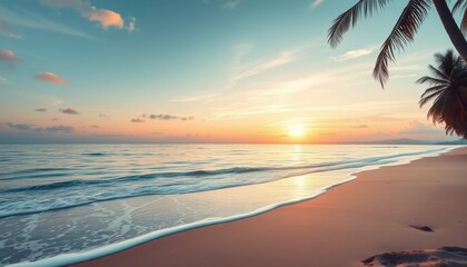 Beautiful Tropical Sunset Beach Scene Golden Hour Light on Sand and Ocean Waves