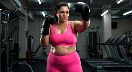 Active wellness plus size woman on treadmill cardio fitness commitment. Active lifestyle, fitness commitment, body positive wellness concept.