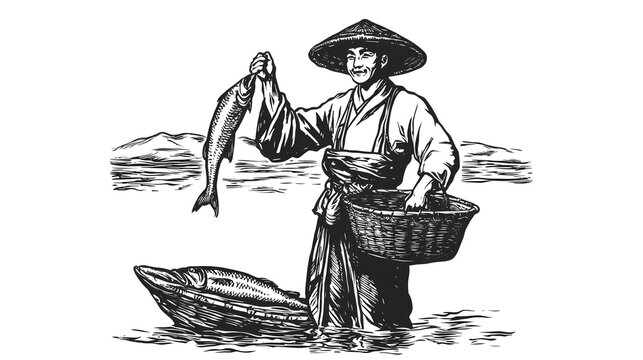 Traditional Fisherman Holding Fresh Catch in Serene Water Landscape